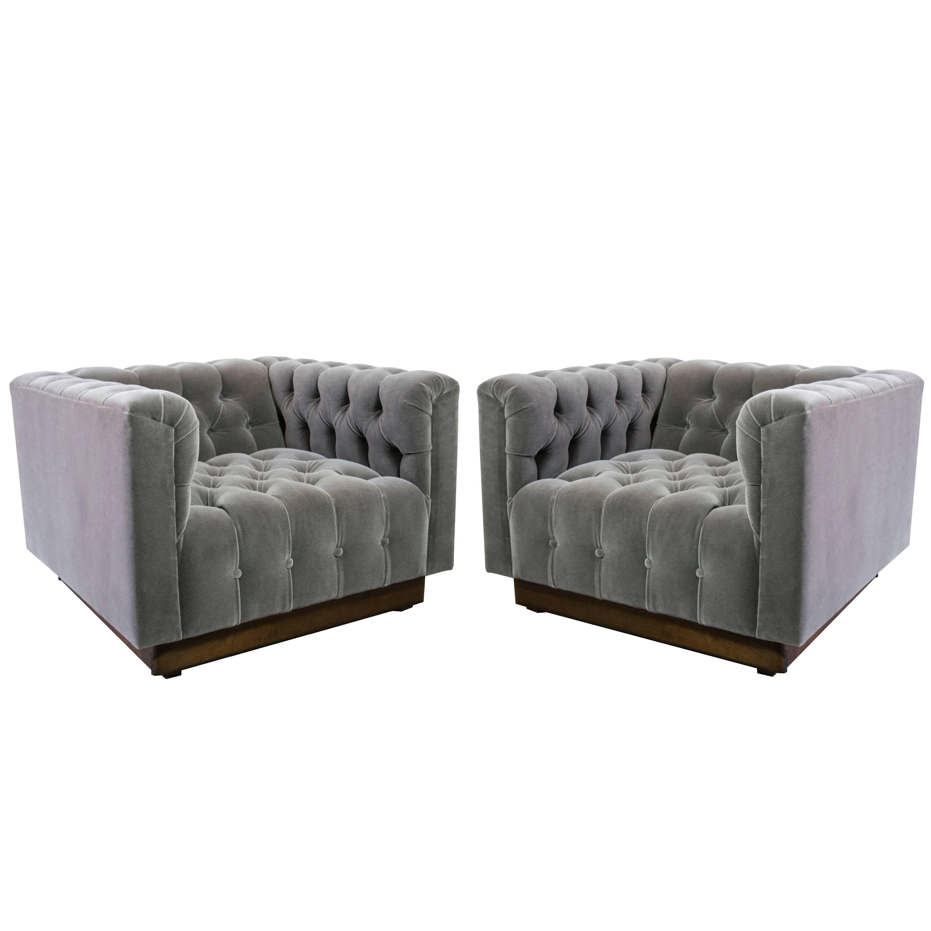 Oversized Milo Baughman Tufted Lounge Chairs in Smoky Gray Mohair For Sale