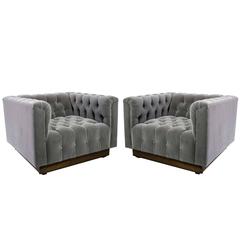 Oversized Milo Baughman Tufted Lounge Chairs in Smoky Gray Mohair