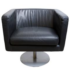 French Mid-Century Modern Leather Swivel Armchair