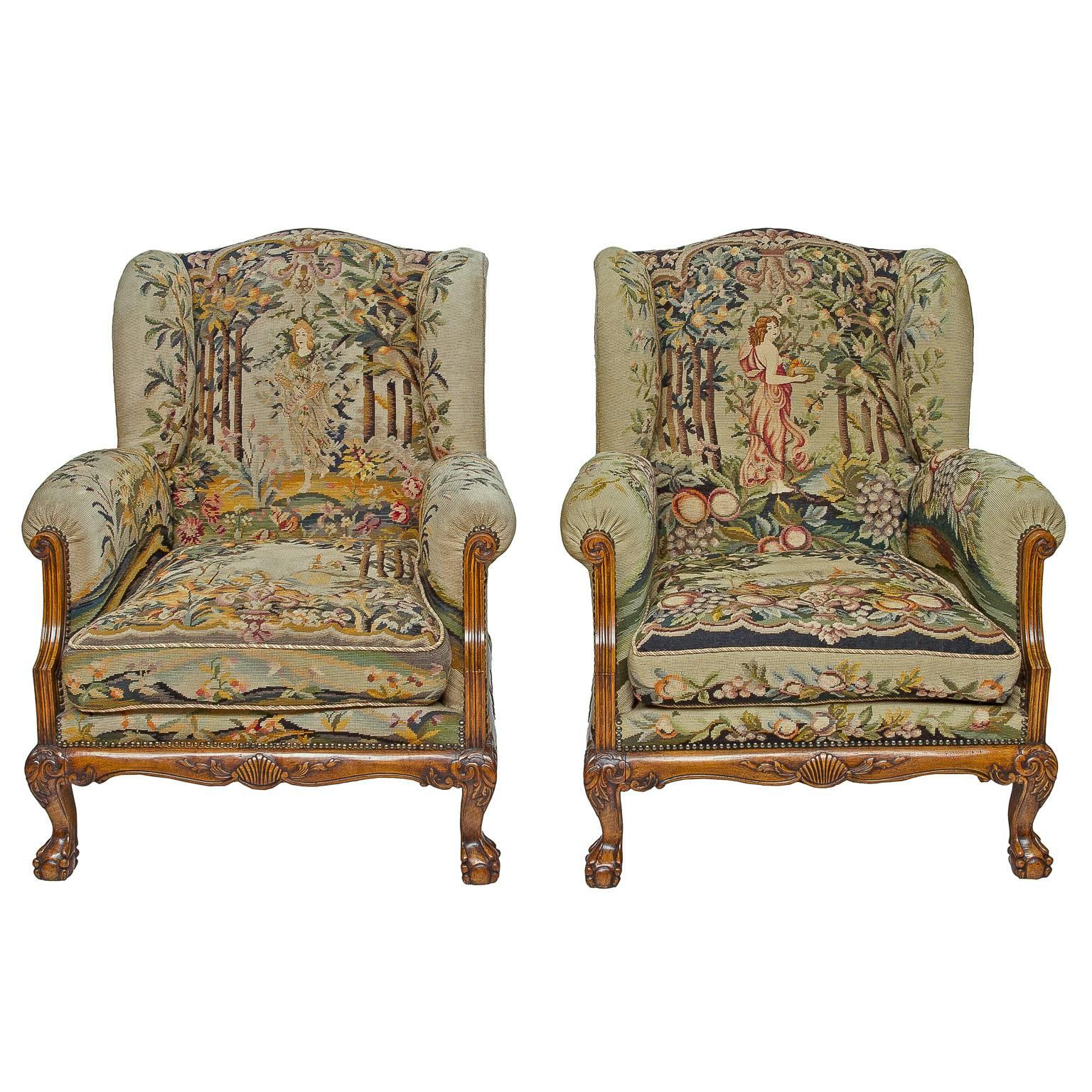 Pair of Tapestry Wingback Club Chairs