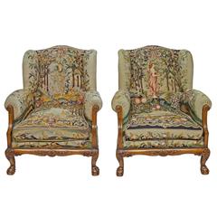 Antique Pair of Tapestry Wingback Club Chairs