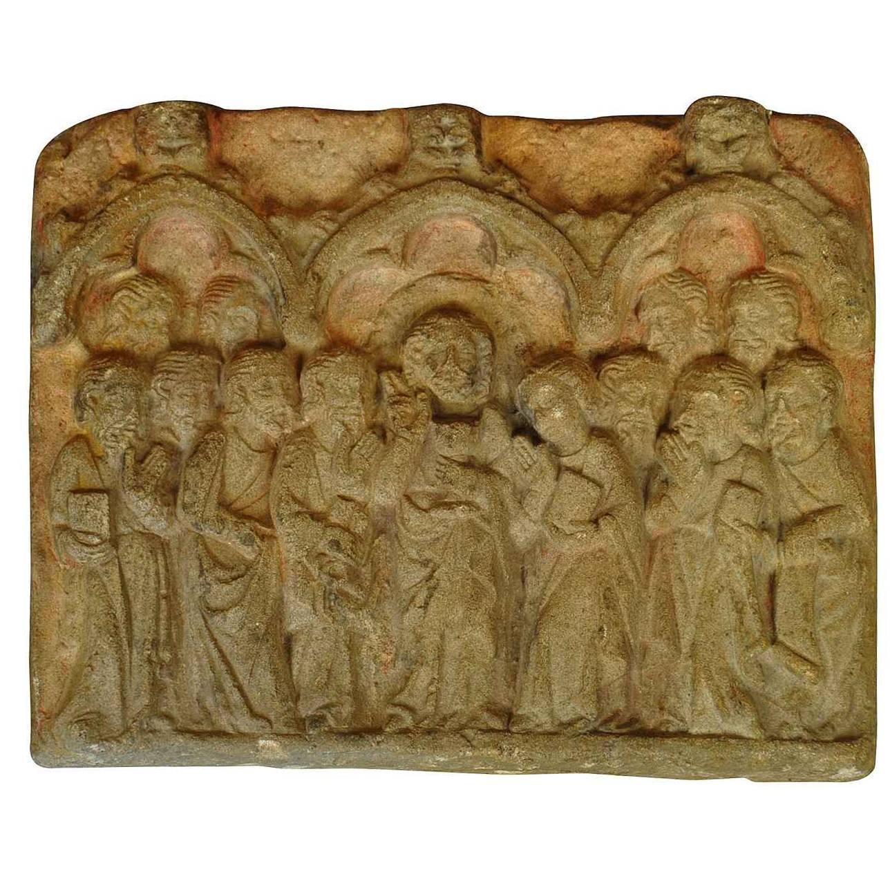 19th Century Carved Stone Plaque of Jesus and the 12 Apostles