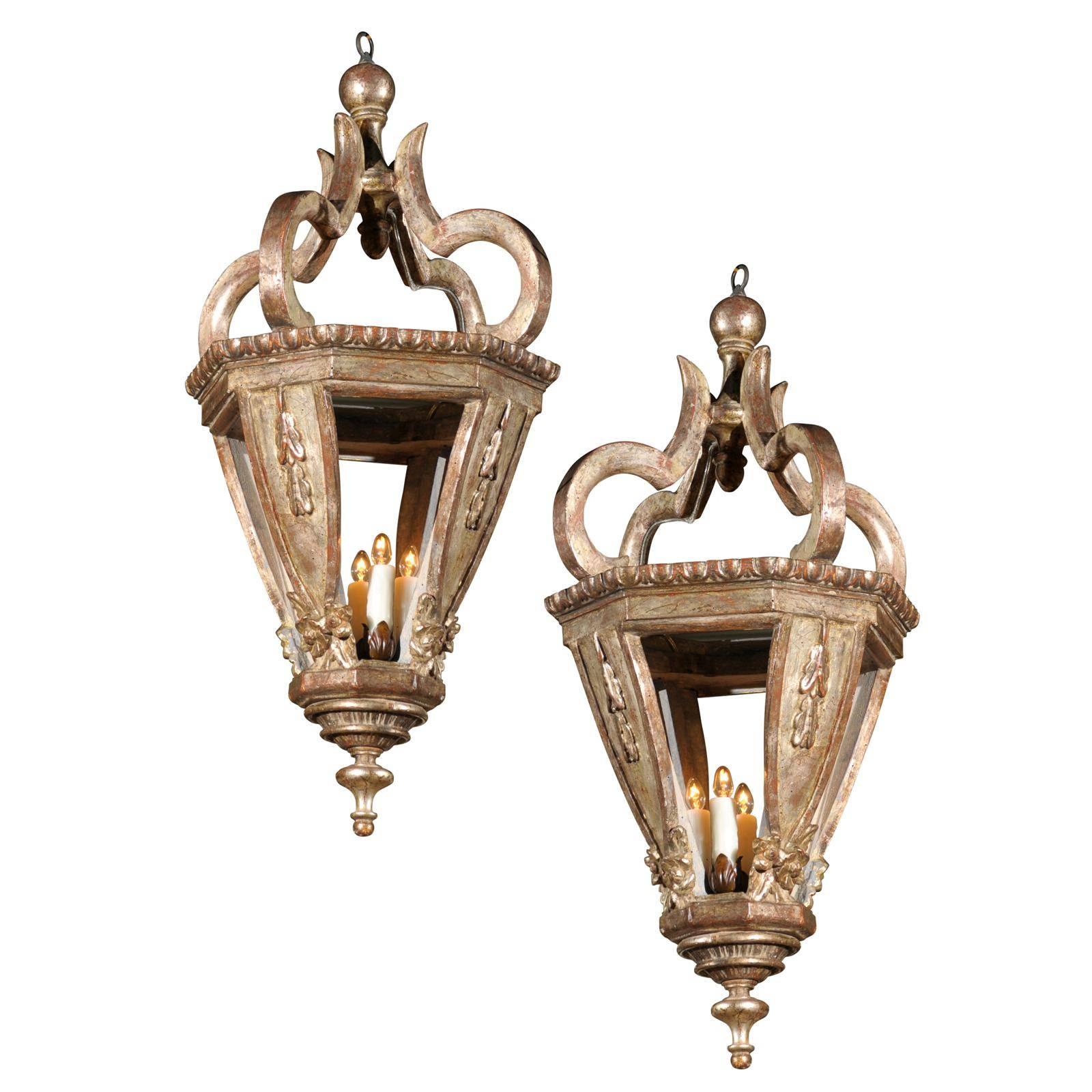 Pair of Silver Gilt Baroque Style Italian Hanging Lanterns from the 19th Century