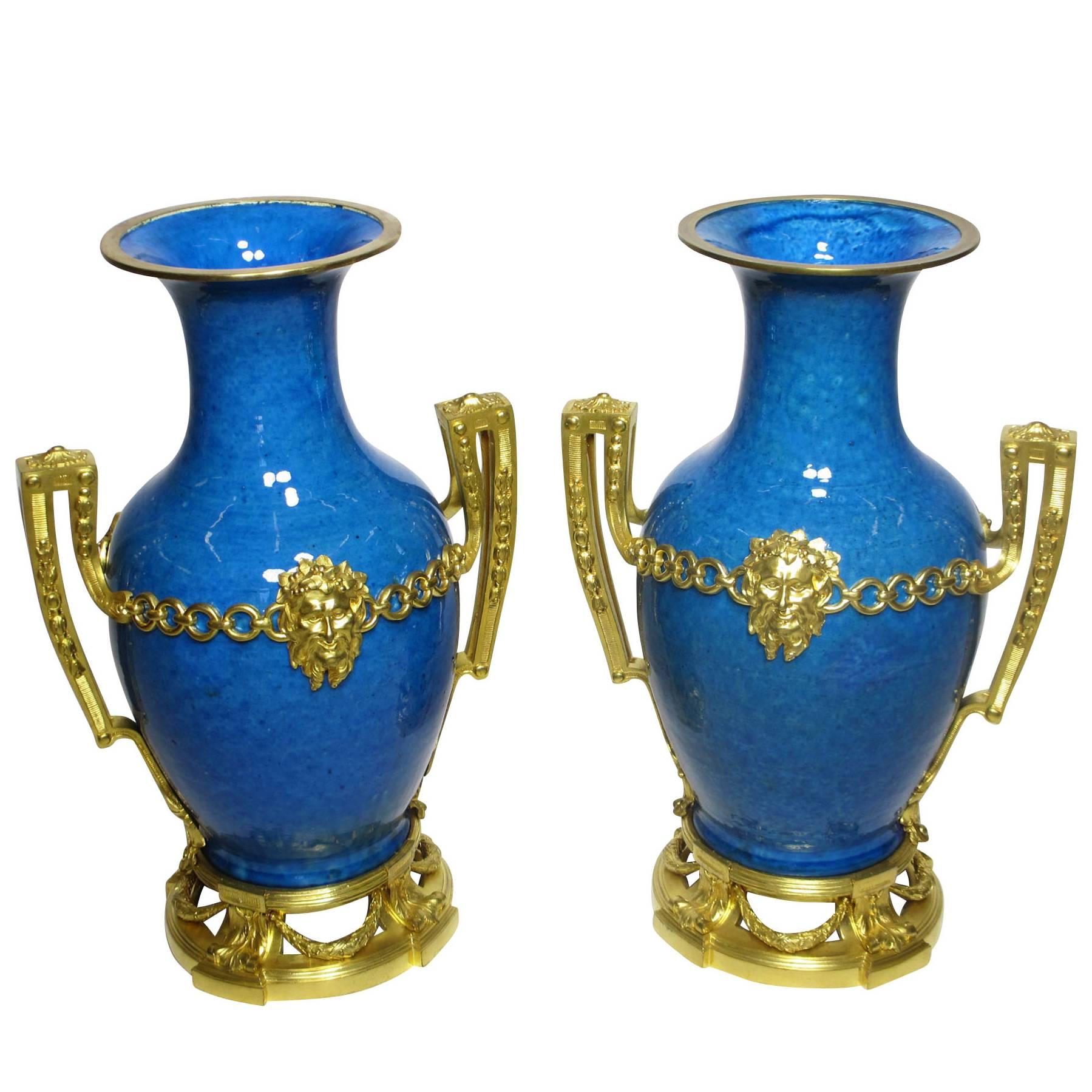 Pair French/Chinese 19th Century Louis XVI Style Ormolu-Mounted Porcelain Vases For Sale