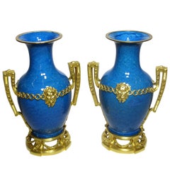 Pair French/Chinese 19th Century Louis XVI Style Ormolu-Mounted Porcelain Vases