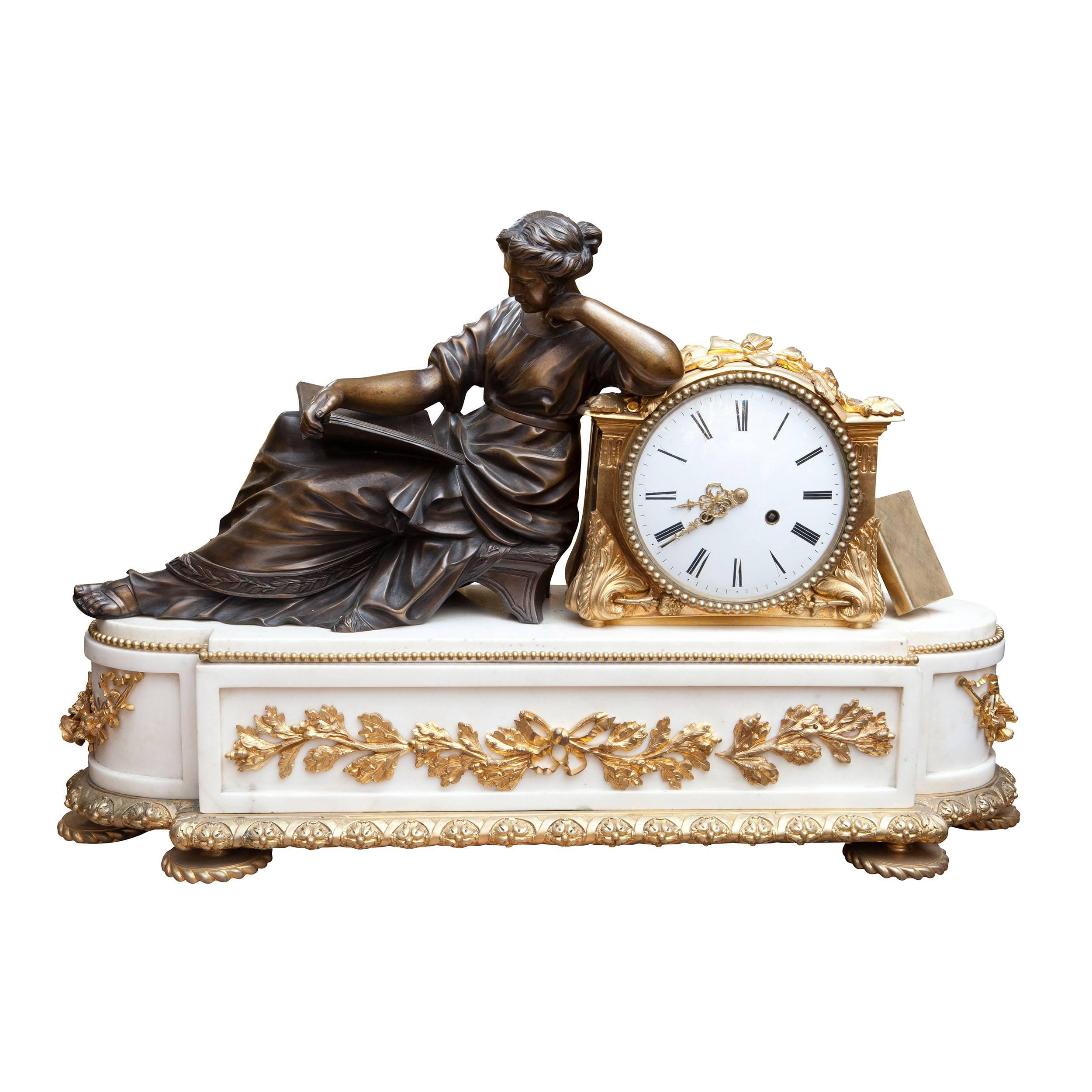 Fine French Neoclassical White Statuary Marble and Gold Ormolu Mantel Clock