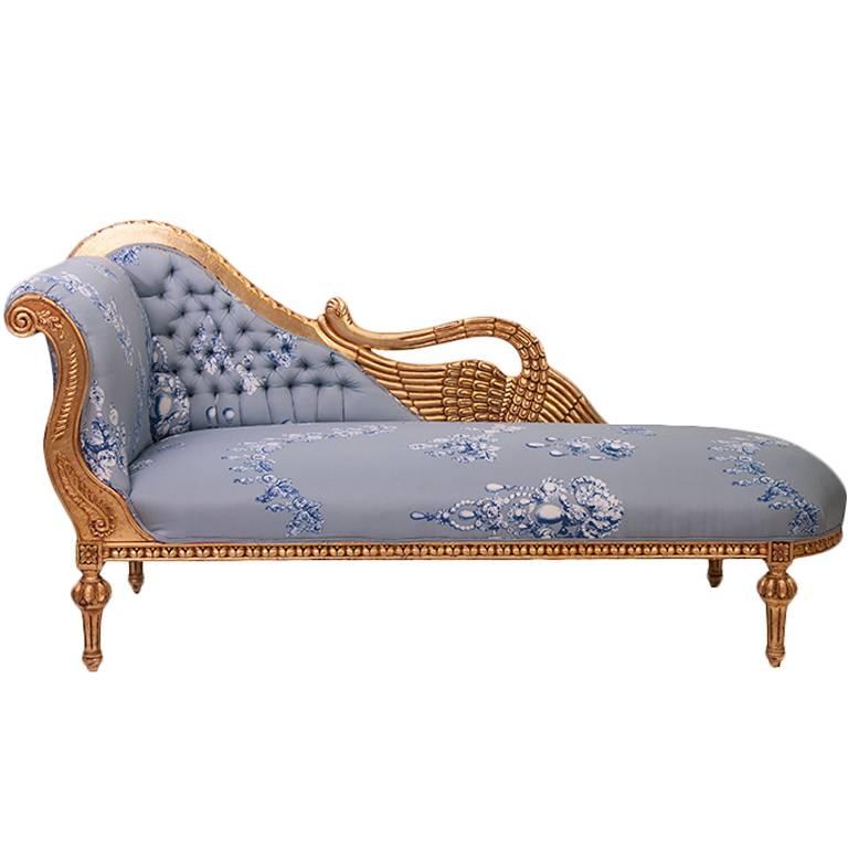 Antique Gilded French Chaise in Oscar De La Renta Fabric For Sale
