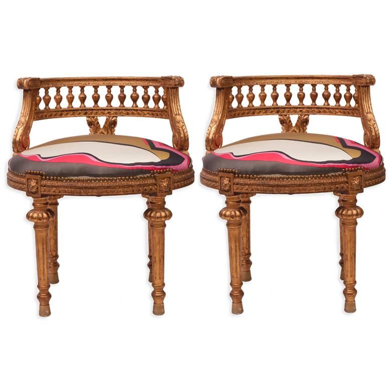 Pair of Gilded French Empire Stools in Silk For Sale