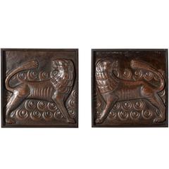 Antique Set of Two Framed Bronze Wall Plaques with Opposing Lions in the Assyrian Style