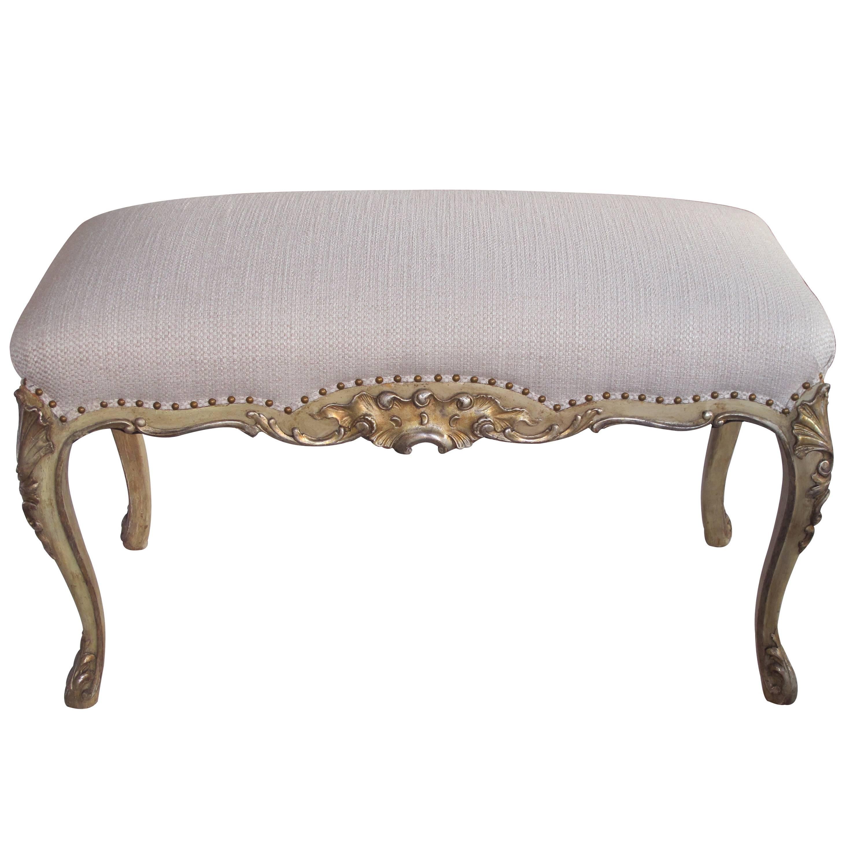 Elegant and Well-Carved French Louis XV Style Ivory Painted & Silver Gilt Bench For Sale