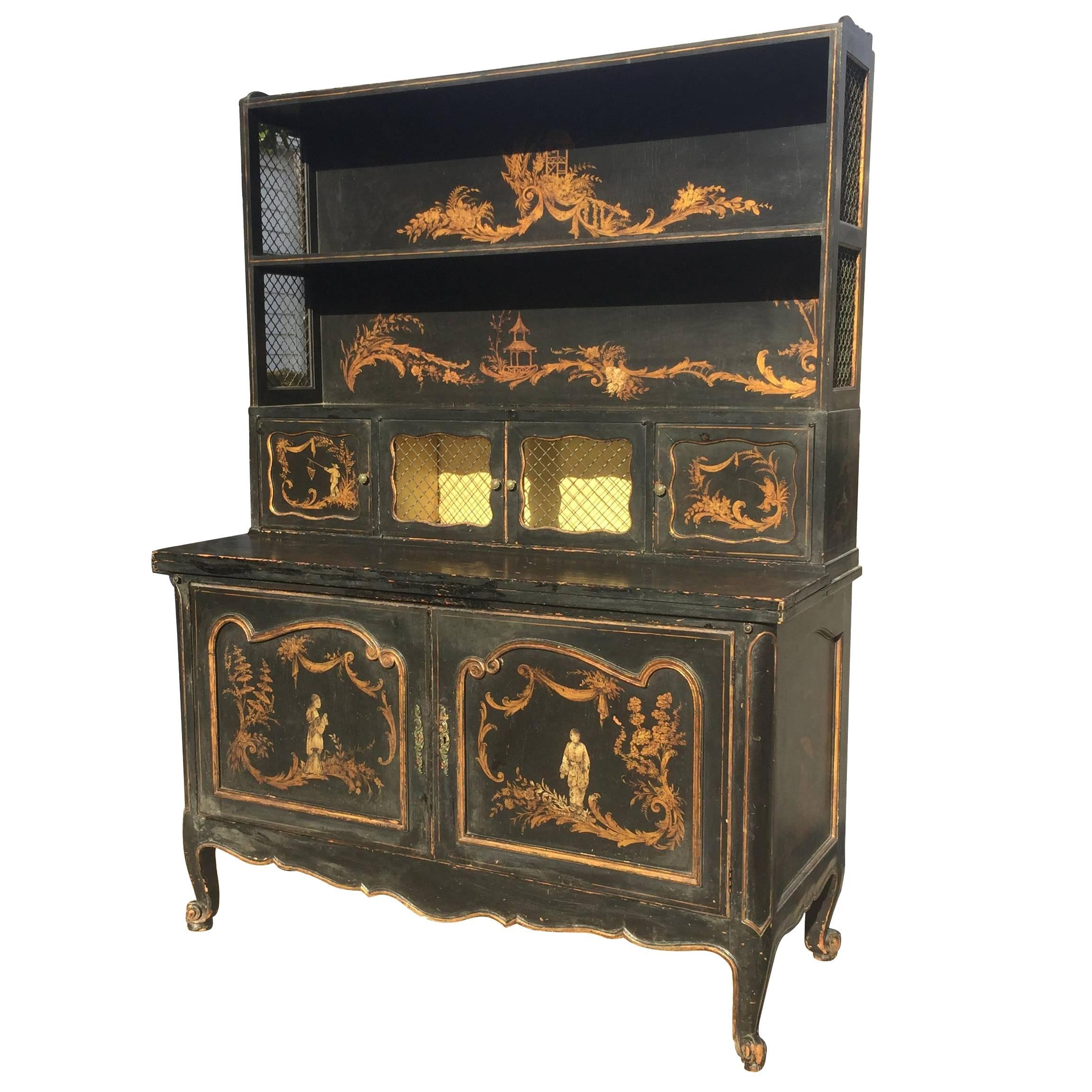 Louis XV French style chinoiserie cabinet- could be utilized as a secretary, bar or bookcase cabinet. Black painted frame with gold painted detail, folding green lacquer top.
 