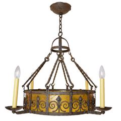 1920s Iron Chandelier with Amber Glass