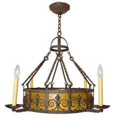 1920s Iron Chandelier with Amber Glass  