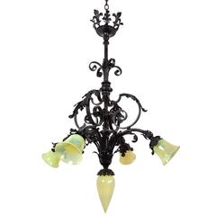 Five Light Iron Chandelier with Vaseline Glass Shades