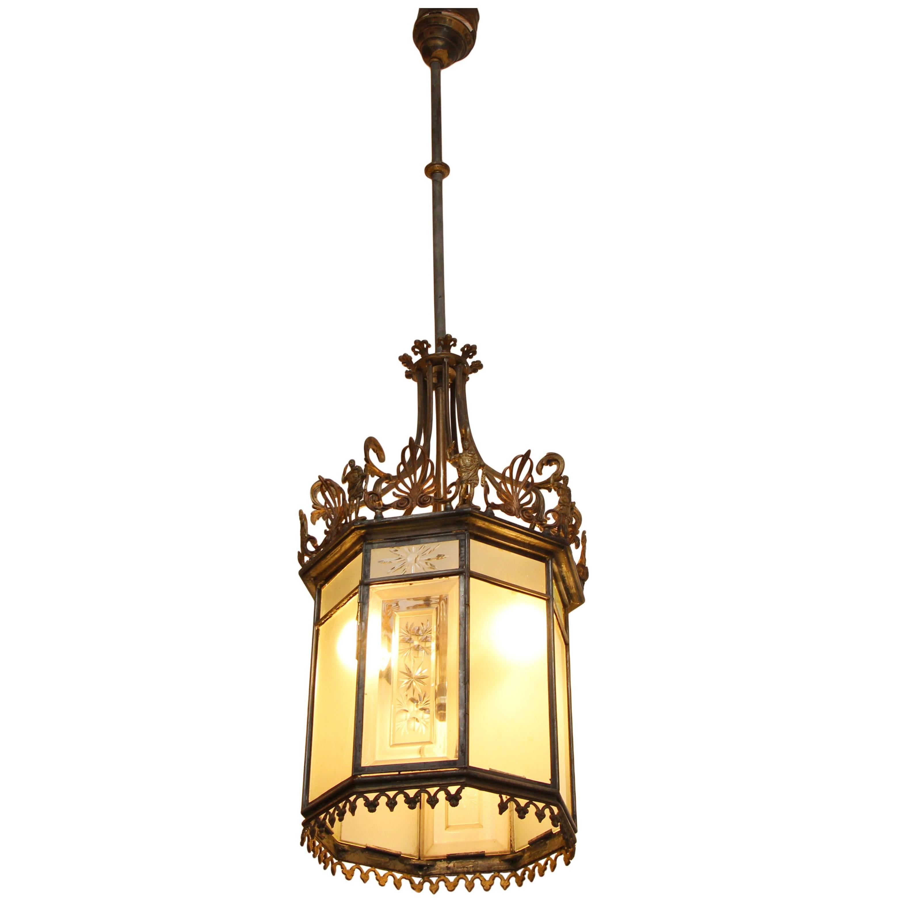 Bronze Glass 3 Light Hall Lantern from Pen and Brush Club, 1890s NYC For Sale