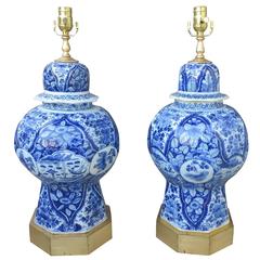 Pair of Early 18th Century Delft Jars as Lamps on Custom Gilt Bases