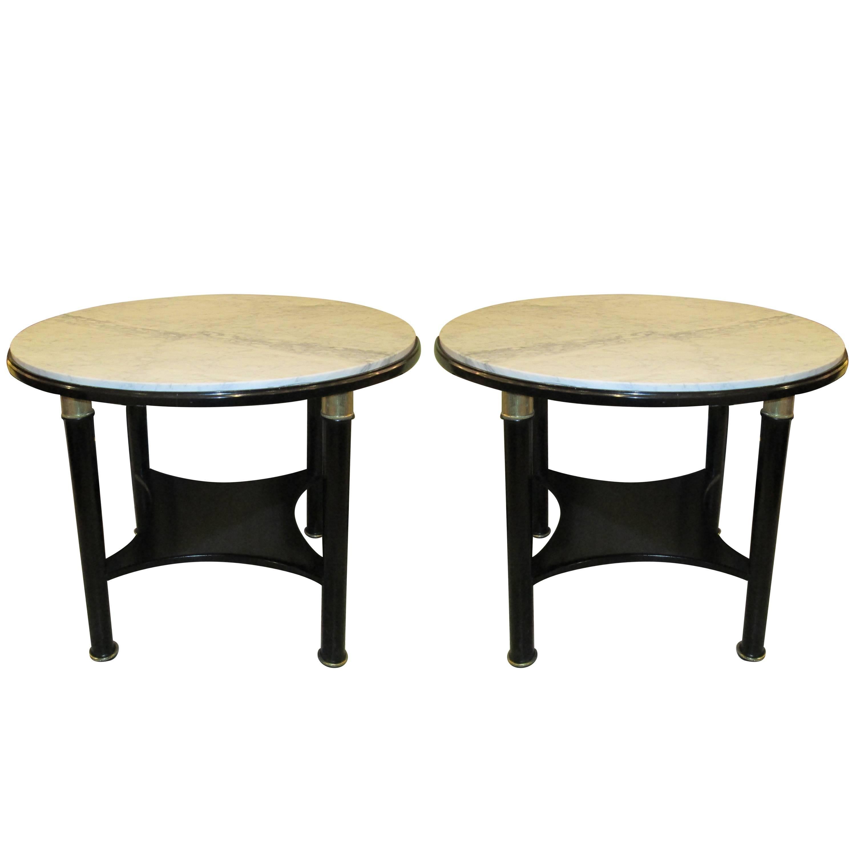 Unusual Pair Ebonized French 1940s/ 1950's  Marble-Top Tables 