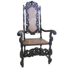Charles II Style Carved Wood and Caned Armchair