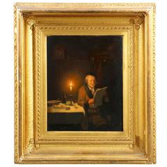 Antique Pieter Gerardus Sjamaar Oil Painting, "Reading by Candlelight"