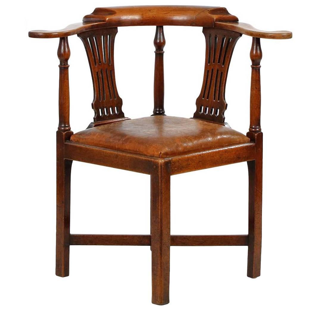 Antique "Roundabout" Corner Chair with Leather Seat, circa 1760