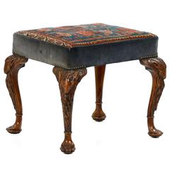 English Carved Walnut Antique Foot Stool with Caucasian Woven Textile Upholstery