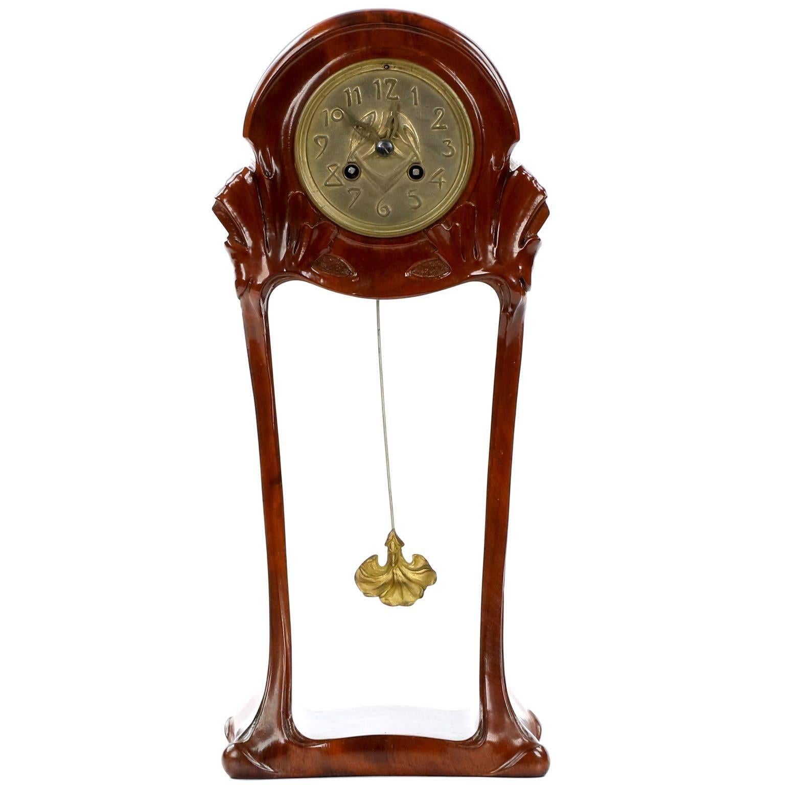 Maurice Dufrène Art Nouveau Carved Mahogany Table Mantel Clock, Marti