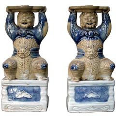 Pair of Blue and White Glazed Figural Joss Stick Holders, Qianlong Period