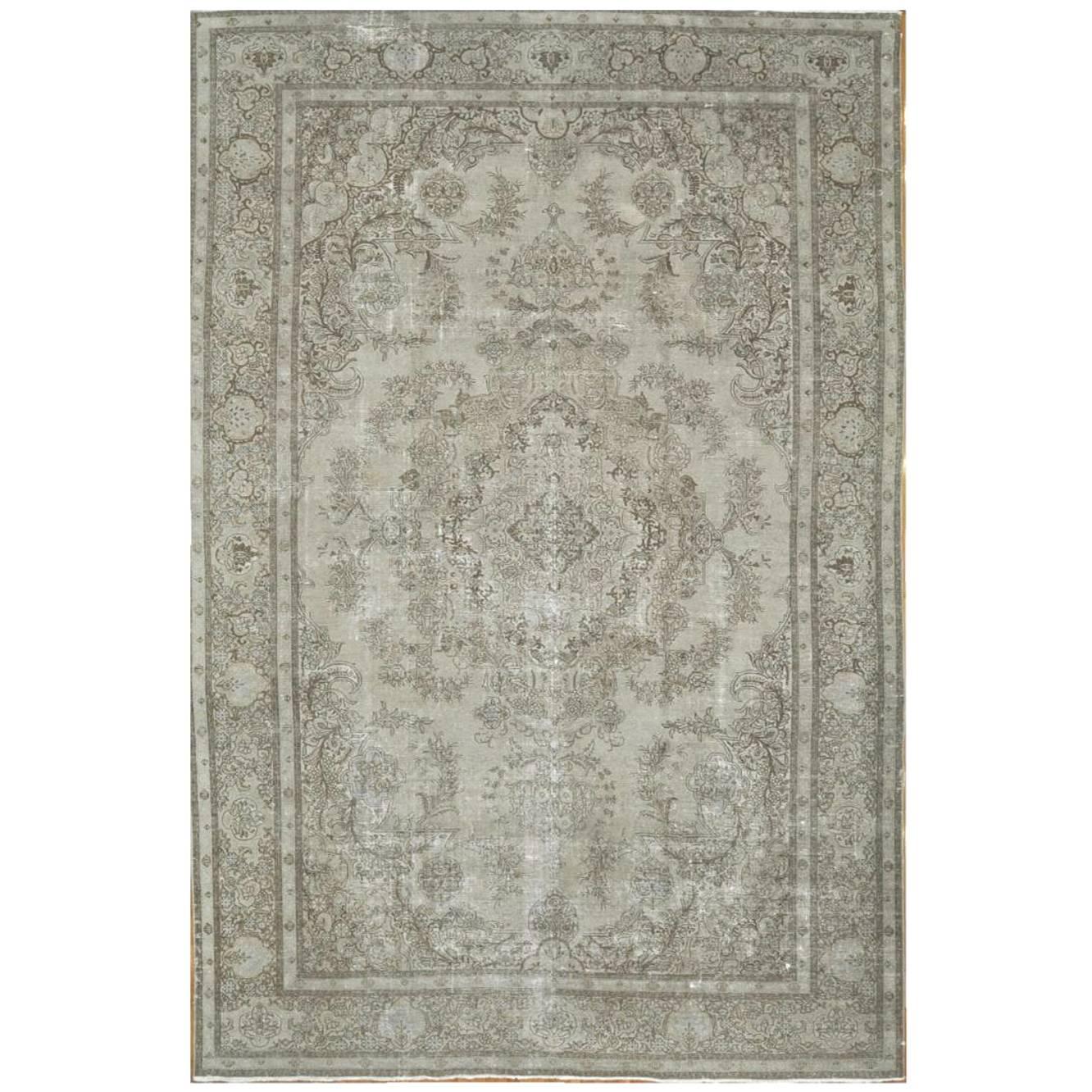 Large Antique Hand-Knotted Distressed Persian Tabriz Rug 