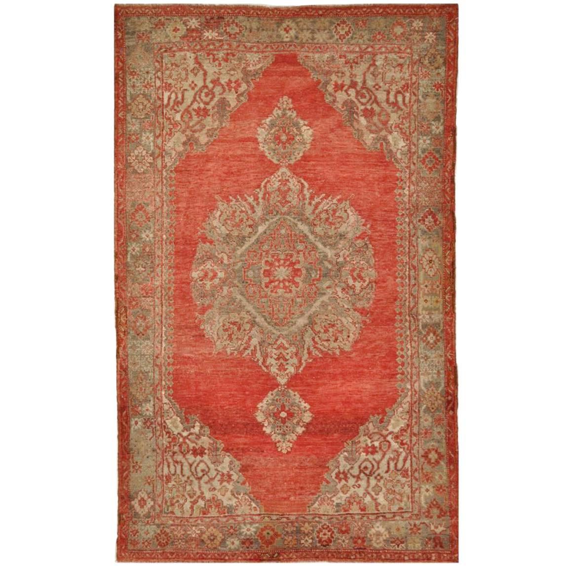 Antique Hand Knotted Turkish Oushak Rug For Sale
