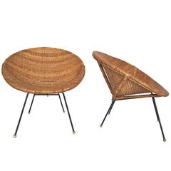 Retro Woven Wicker and Iron Scoop Chairs