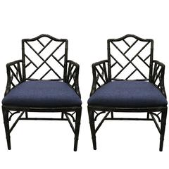 Marbleized Painted Black Faux-Bamboo Armchairs, Pair