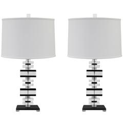 Pair of Chic Table Lamps in Clear and Black Lucite 
