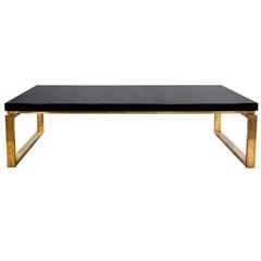 Rare Black Lacquer Top Coffee Table on Brass Base, Stamped "Maison Charles" 1