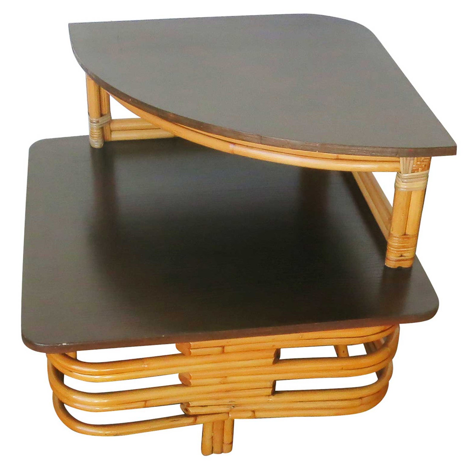 Restored Corner Side Table TwoTier Pole Rattan with Mahogany Top and
