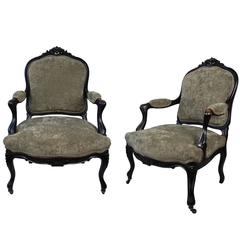 Pair of French Ebonized Armchairs Fauteuils, circa 1900