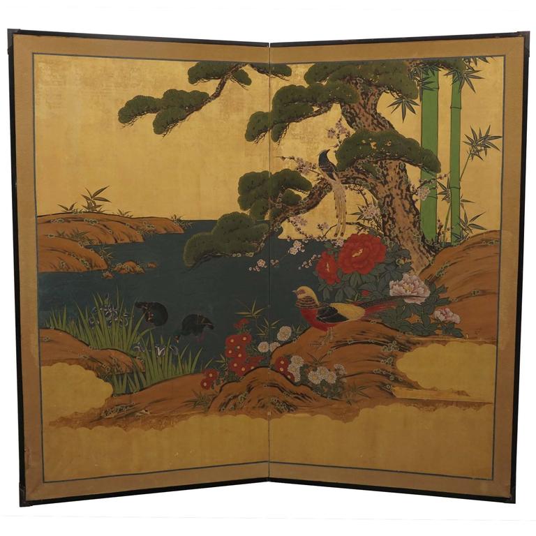 Two Panel Asian Screen Two Panel Japanese Screen For Sale at 1stDibs
