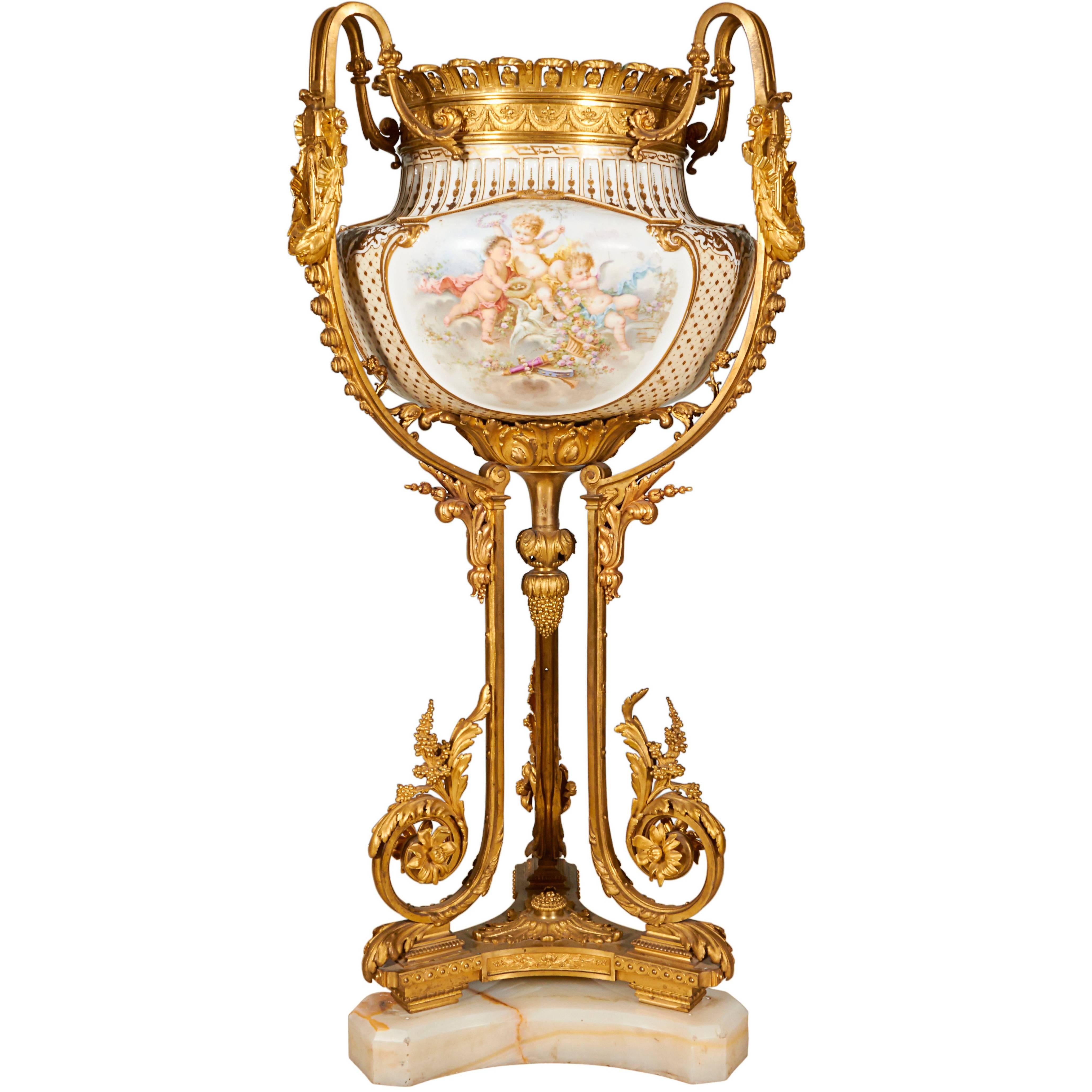 Important and Palatial Ormolu and Sèvres Style Porcelain Jardiniere Vase