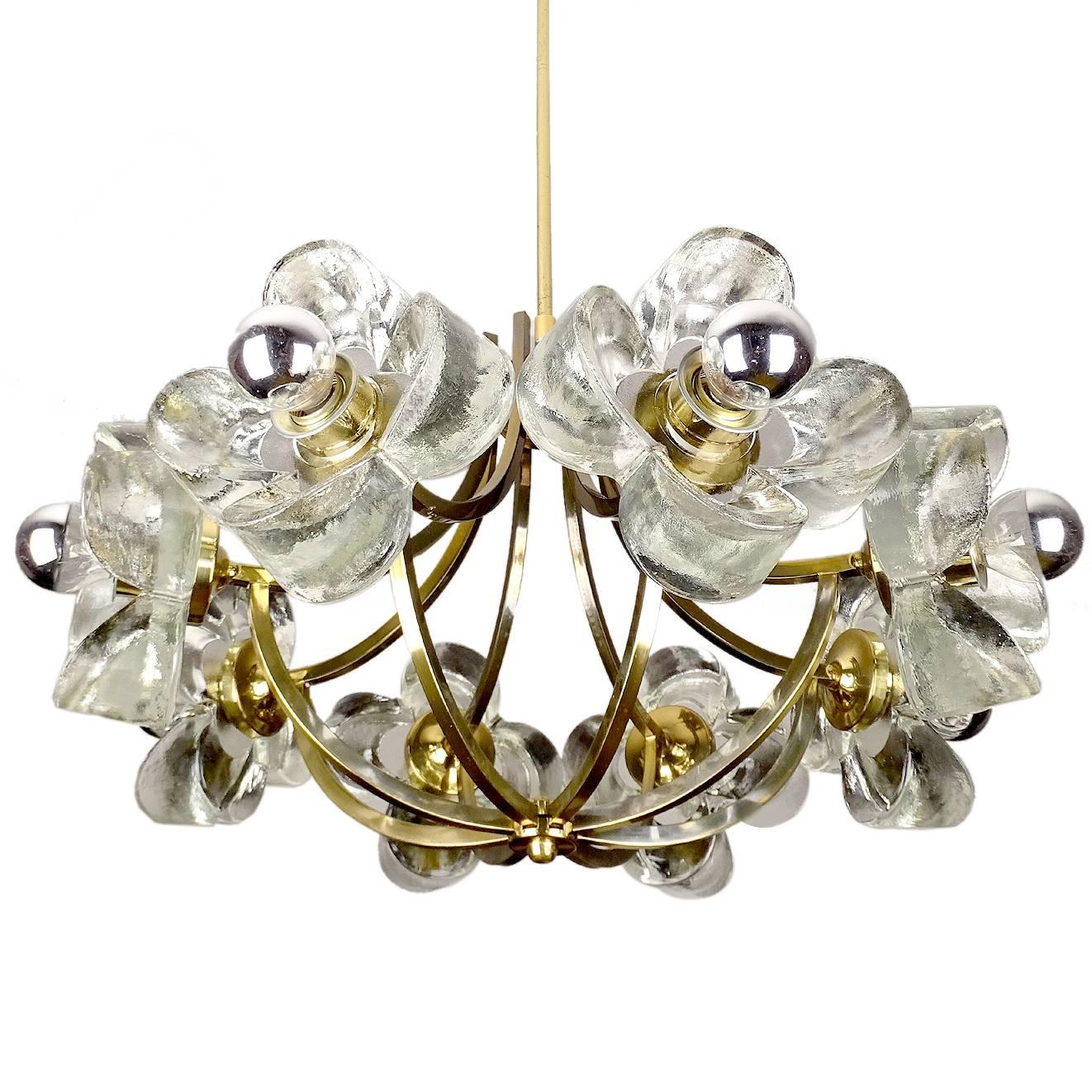 Large Mid Century Glass & Brass Chandelier, 1960s Modernist  Pendant  Light 
