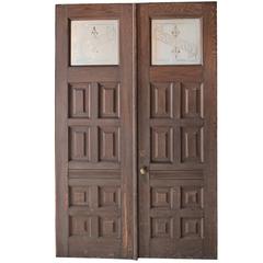 Antique Early Victorian Entry Door Pair with Original Hardware and Etched Glass Panels