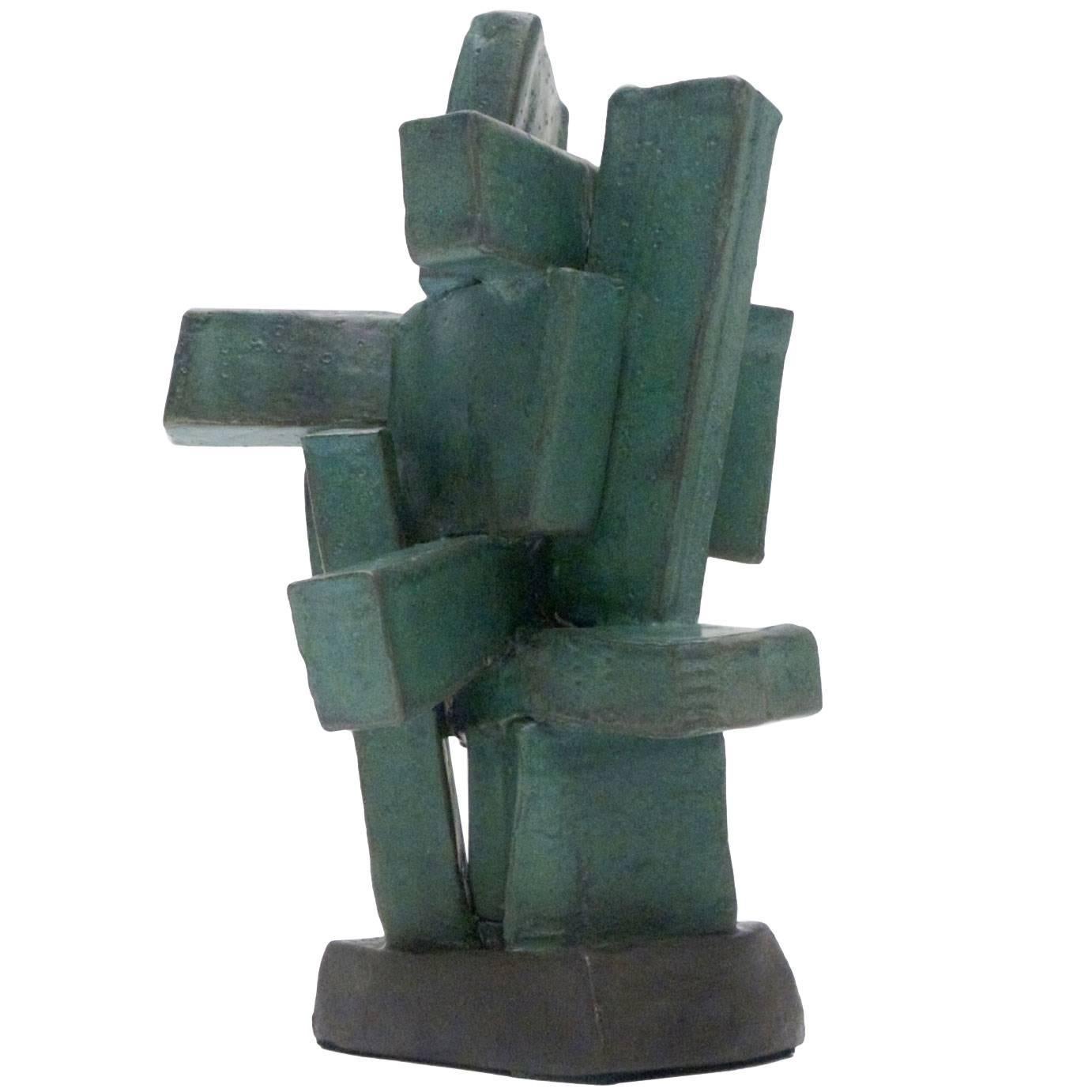 Modernist TOTEM Ceramic Sculpture in Organic Green Glaze by Judy Engel