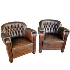 Antique Pair of Art Deco Leather Club Chairs