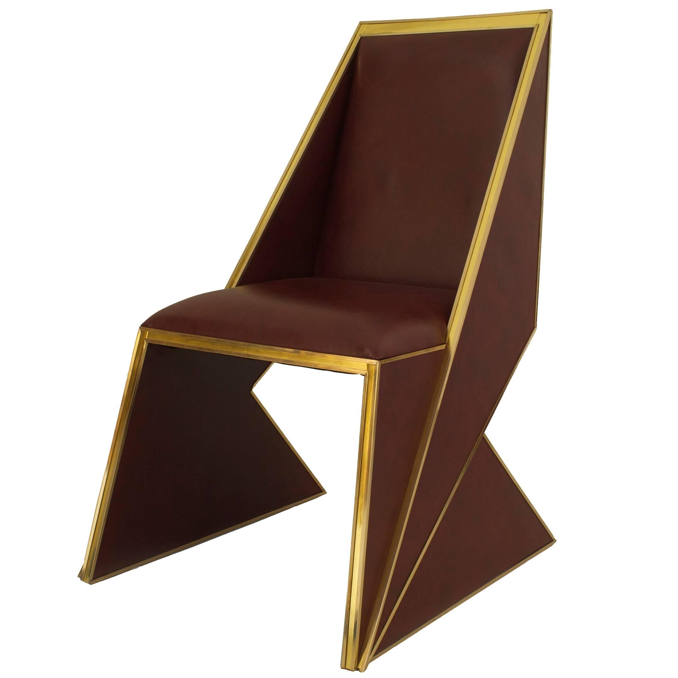 Contemporary American Geometric Upholstered Brass and Giltwood Dining Chair
