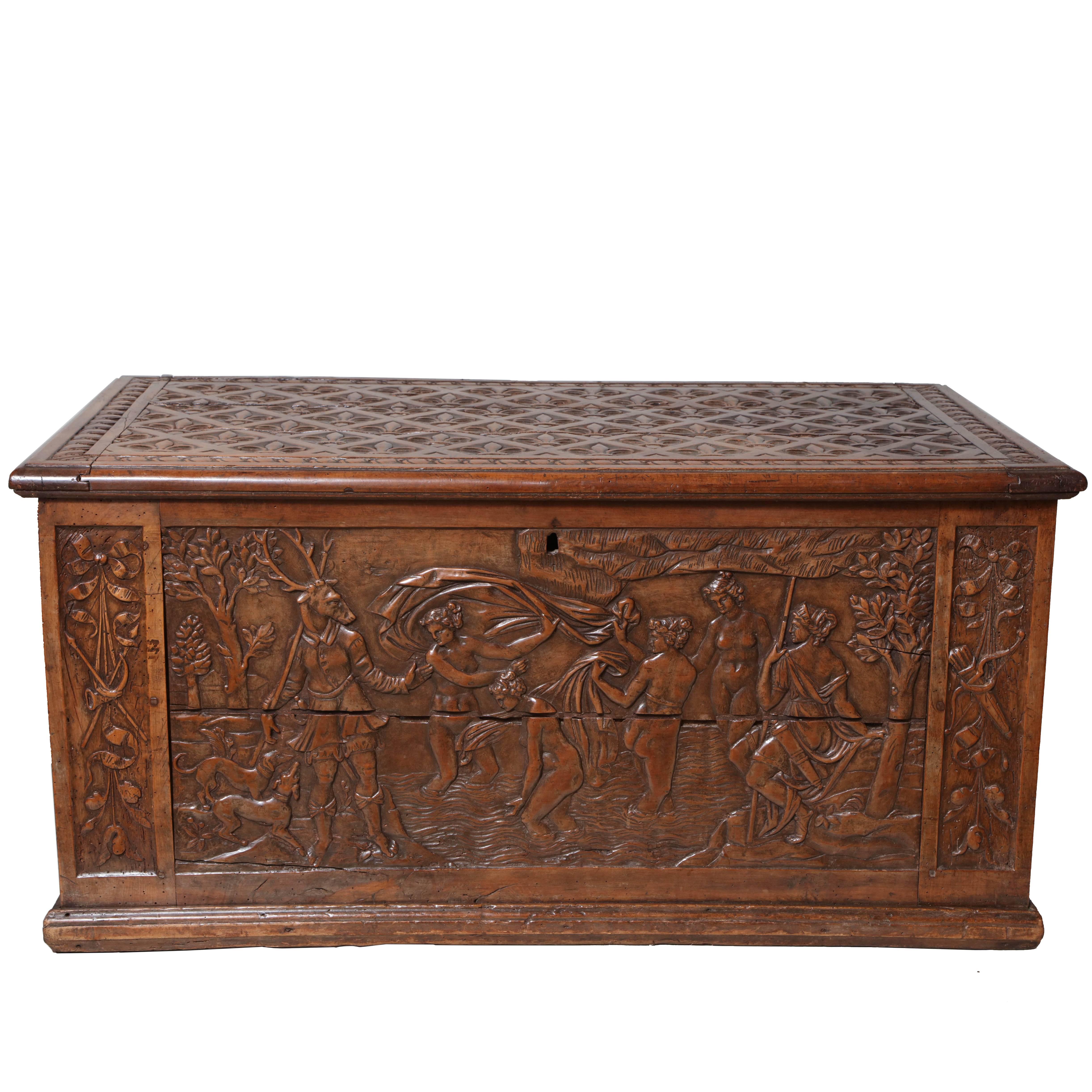 16th Century Pearwood Coffer Depicting Diana and Actaeon