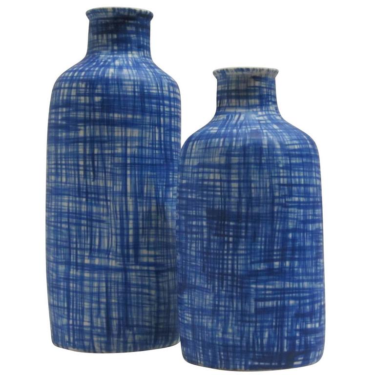 Stoneware Royal Blue Hashtag Pattern Vases, China, Contemporary For