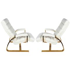 Pair of Rare Milo Baughman Lounge Chairs with Brass Cantilevered Frames