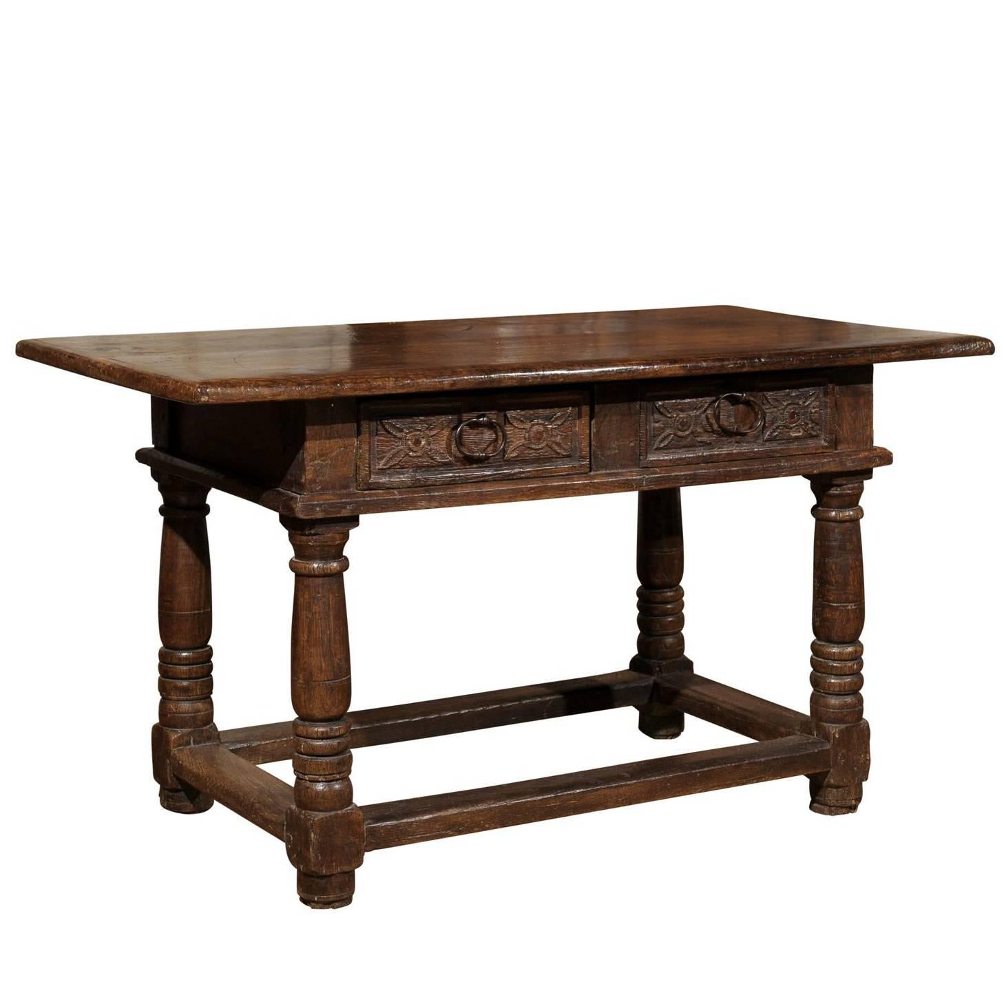 French 1750s Walnut Library Table with Carved Drawers and Original Hardware