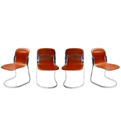 Set of Four Italian Steel and Saddle Leather Dining Chairs 8