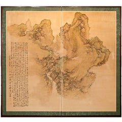 Biombo Japonés de Dos Paneles: Paisaje montañoso con caligrafía