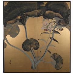 Japanese Screen "Lotus Leaves and Tiger Lily on Gold"