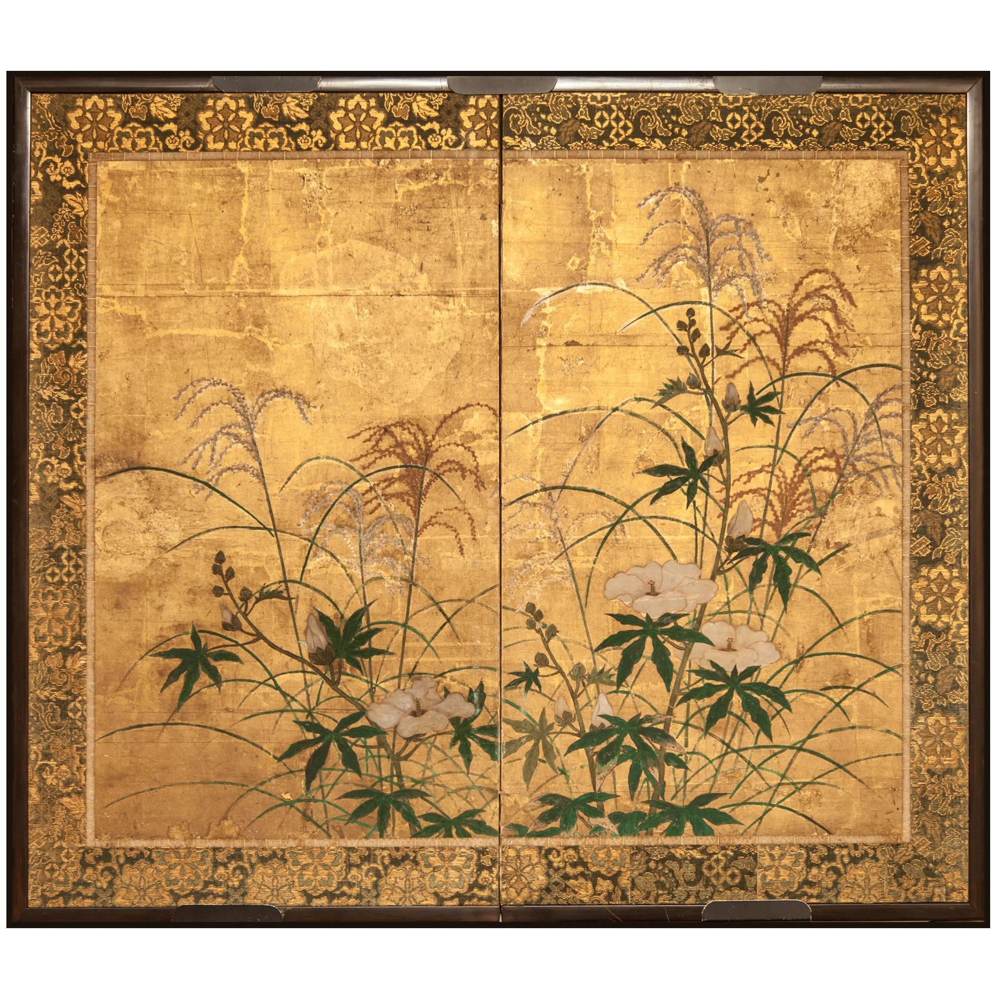 Japanese Screen "Flowers and Grasses on Gold"